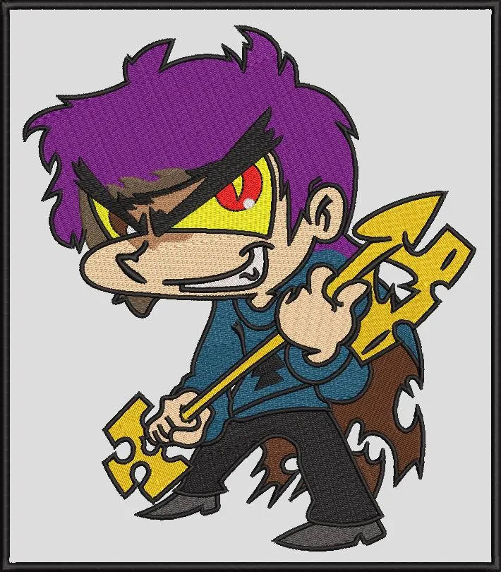 Alternative view of  Angry Purple Haired Cartoon Boy with Battle Axe 