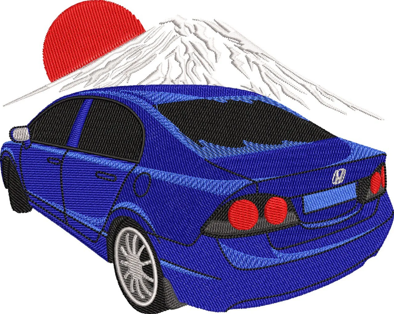 Alternative view of  Blue Honda Car with Mount Fuji and Red Sun 