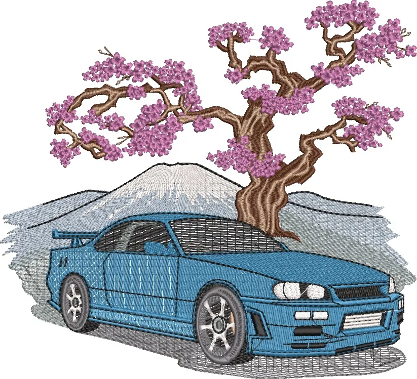 Alternative view of  Blue Sports Car with Sakura Tree and Mount Fuji 