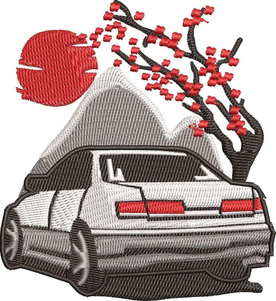 Alternative view of  Classic Japanese Car with Cherry Blossom and Mountain 