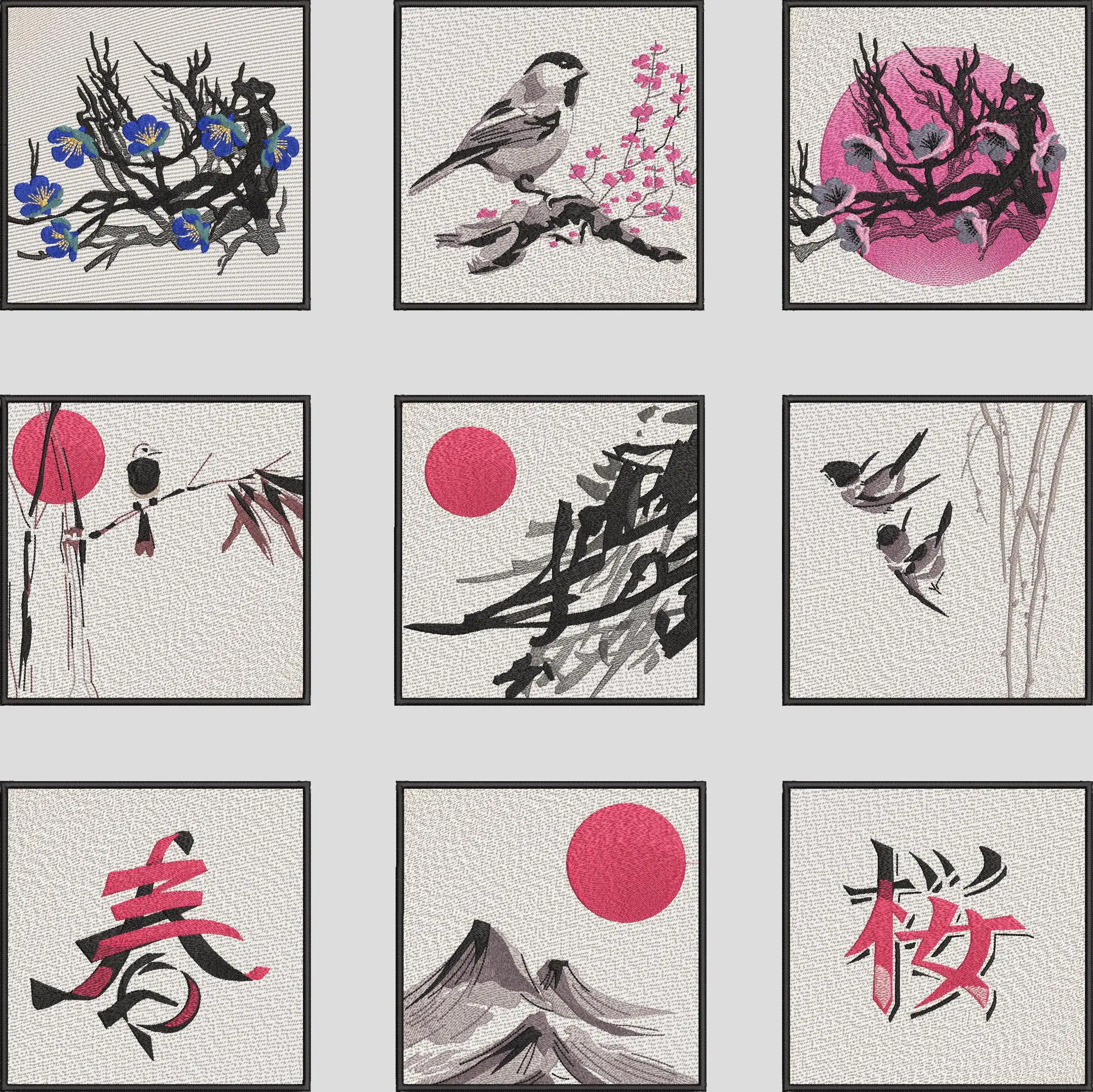 Alternative view of  Japanese Ink Style Birds Cherry Blossoms and Mountains 