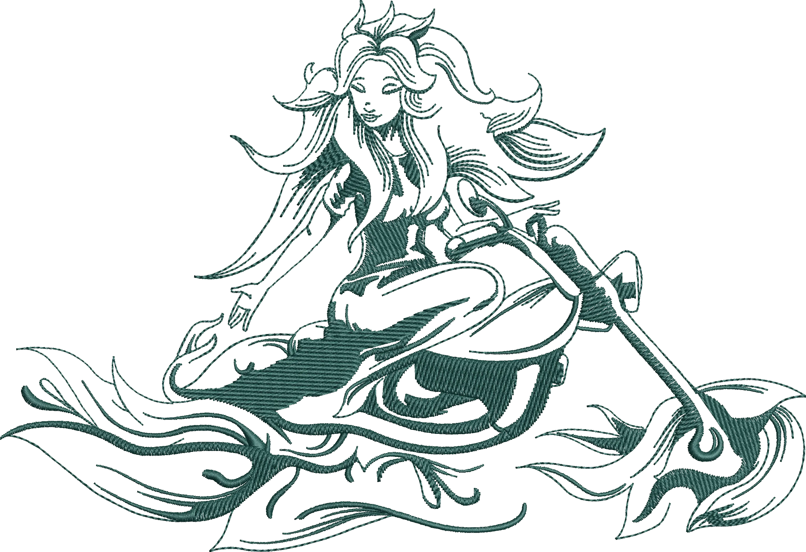 Alternative view of  Mermaid Sitting on Waves Line Art 