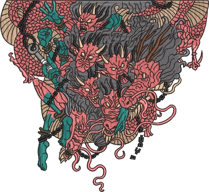 Alternative view of  Multi Headed Japanese Dragon with Oni Warriors 