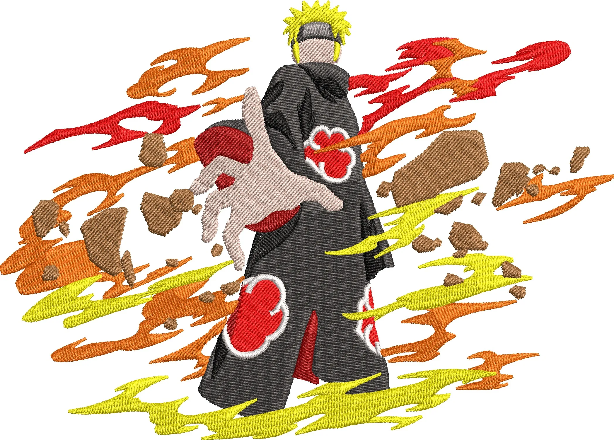 Alternative view of  Naruto in Akatsuki Cloak with Flames and Rocks 