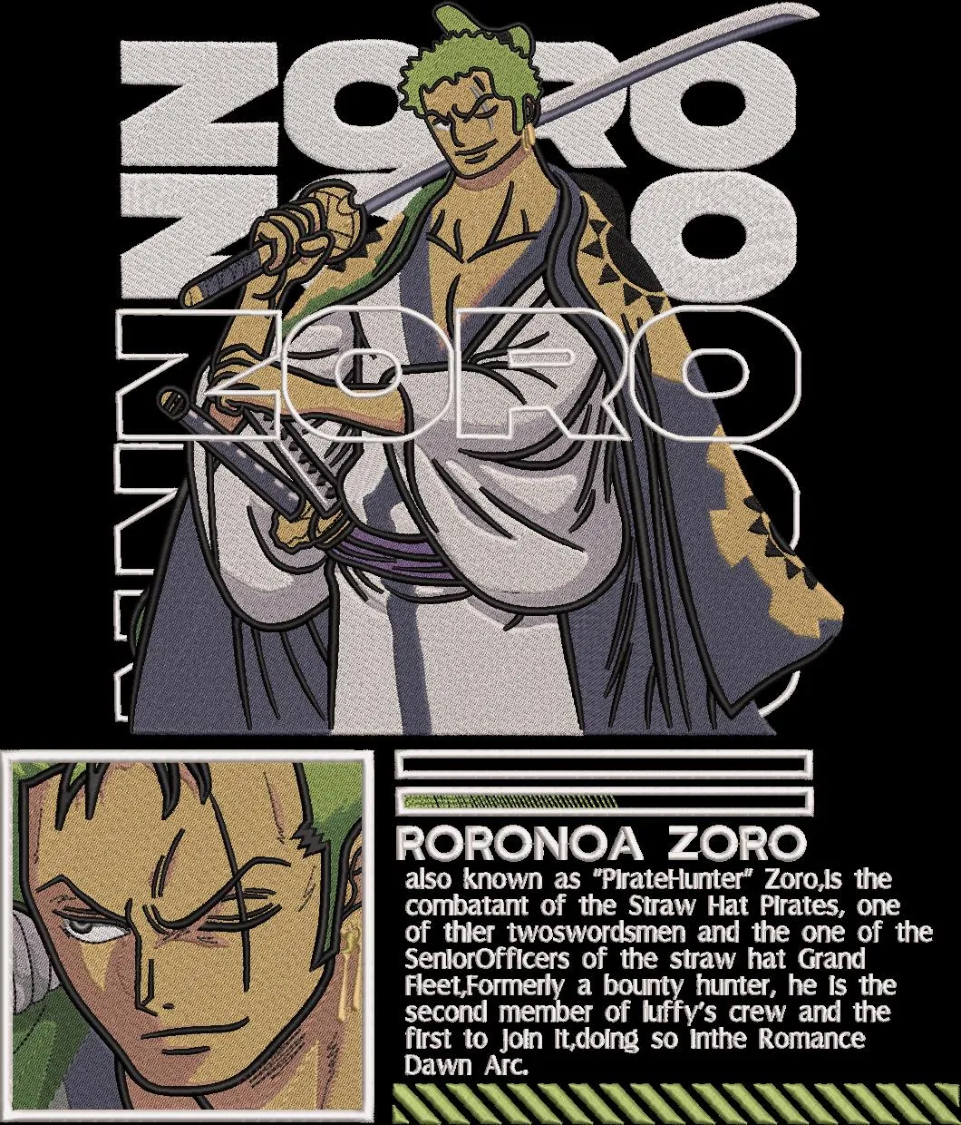 Alternative view of  Roronoa Zoro Embroidered Portrait with Text Description 