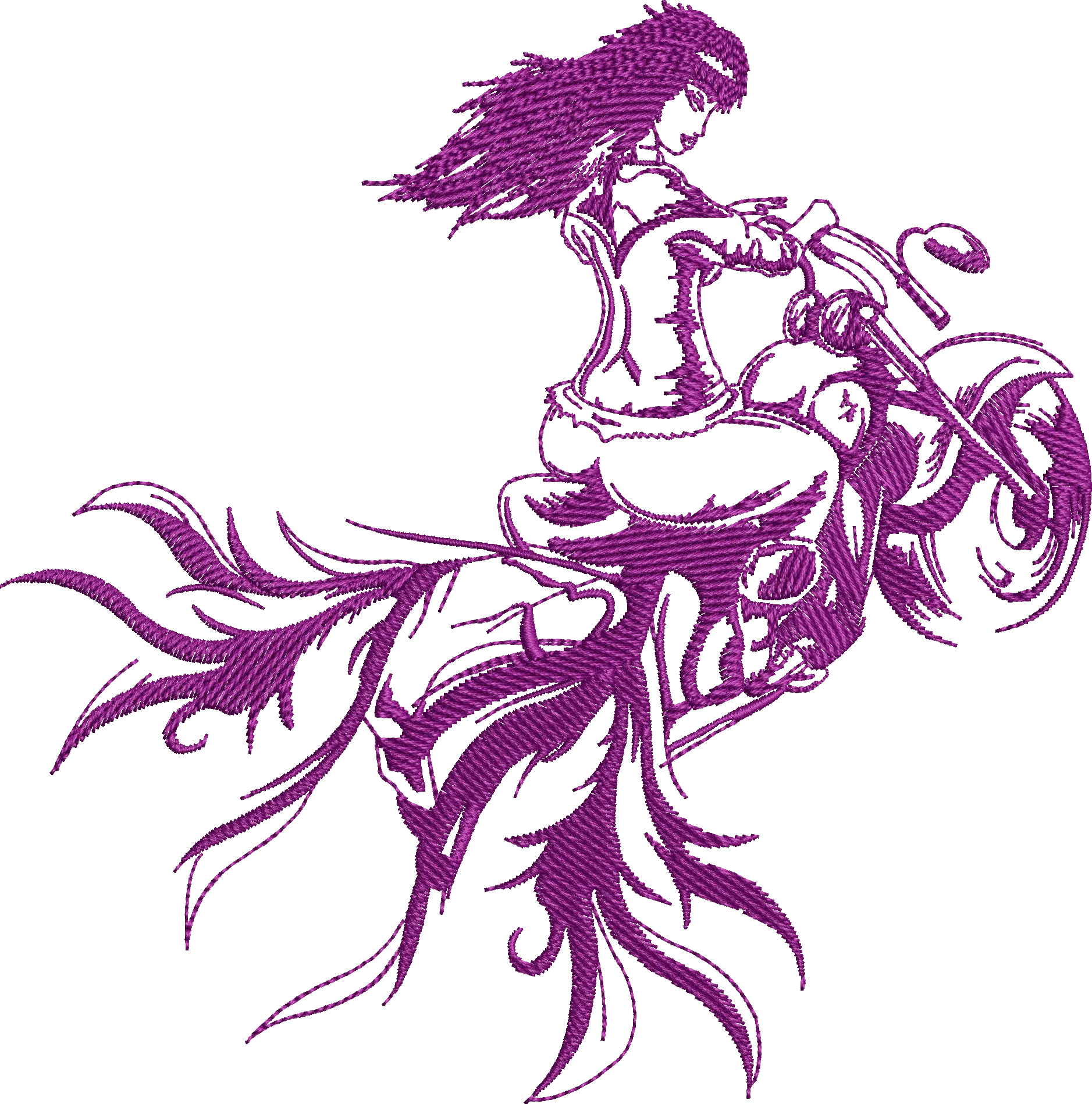 Alternative view of  Woman Riding Motorcycle with Flowing Hair and Flames 