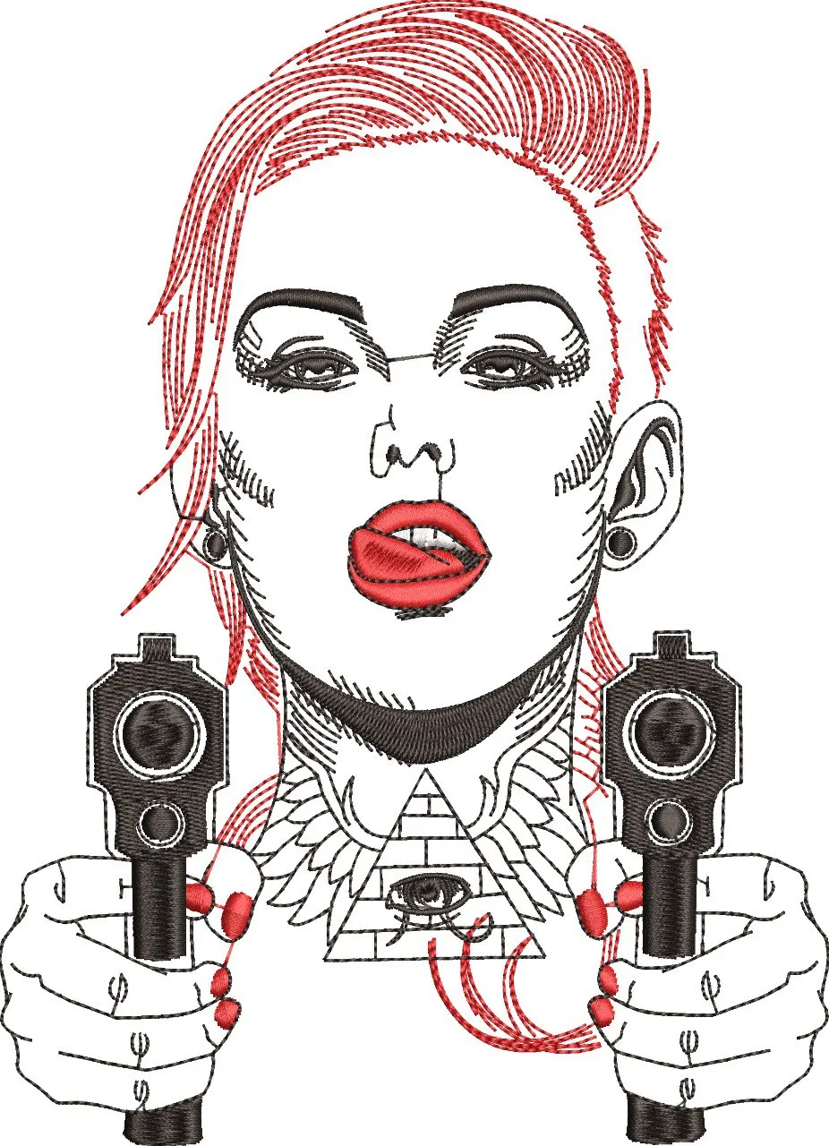 Alternative view of  Woman with Pistols and Illuminati Symbol 