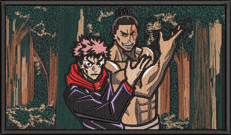 Alternative view of  Yuji Itadori and Aoi Todo in Forest Scene Embroidery Style 