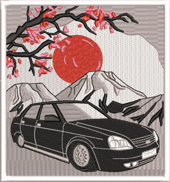  Black Sedan with Mountain Sunrise and Cherry Blossoms  embroidery pattern preview