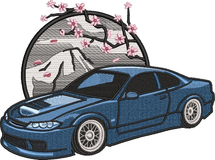  Blue Sports Car with Cherry Blossoms and Mount Fuji  embroidery pattern preview