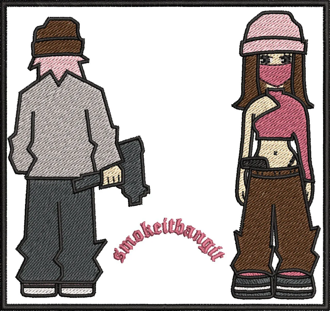  Cartoon Streetwear Duo with Guns and Pink Details  embroidery pattern preview