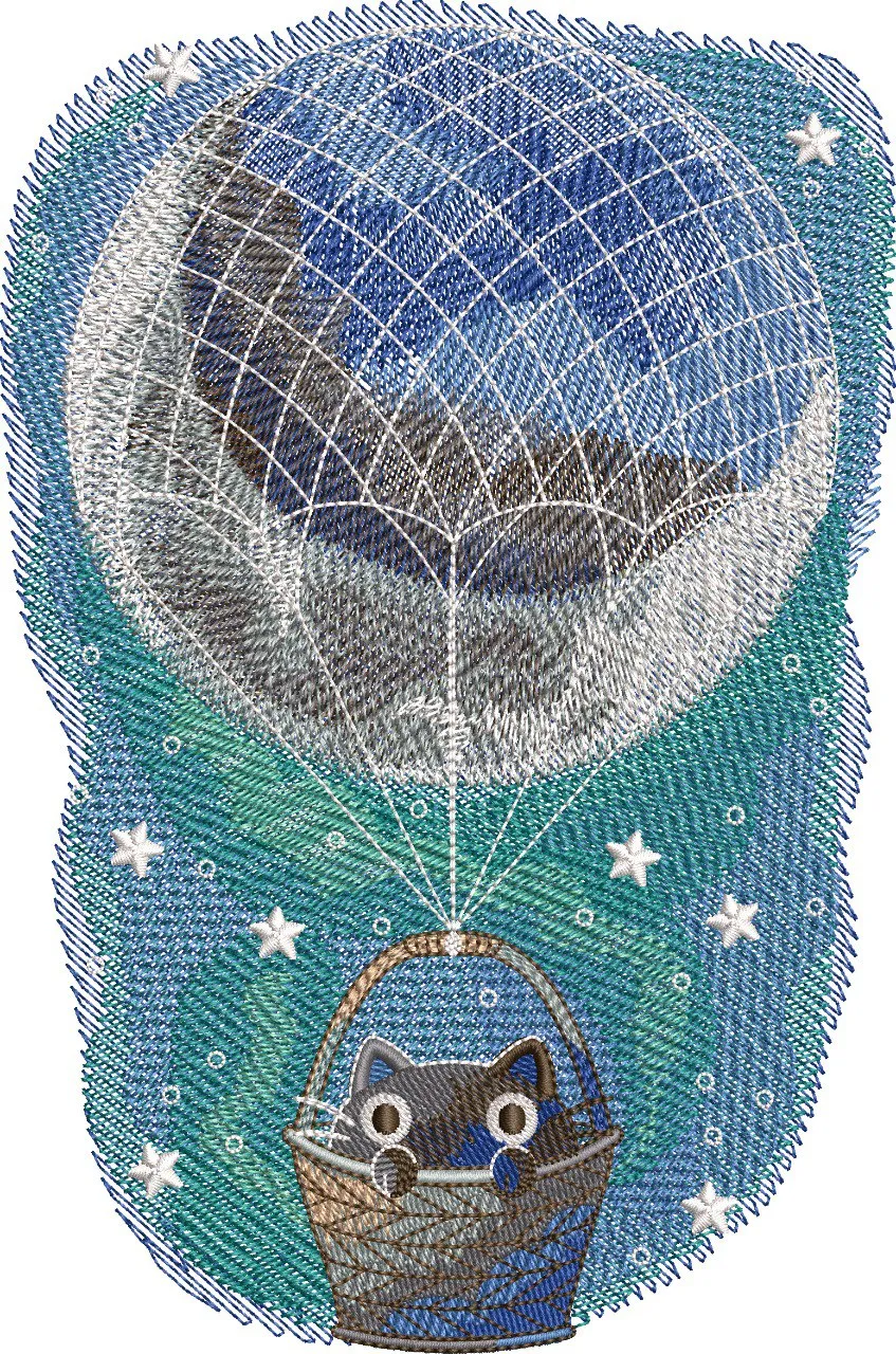  Cat in Hot Air Balloon Moon Night  embroidery pattern preview