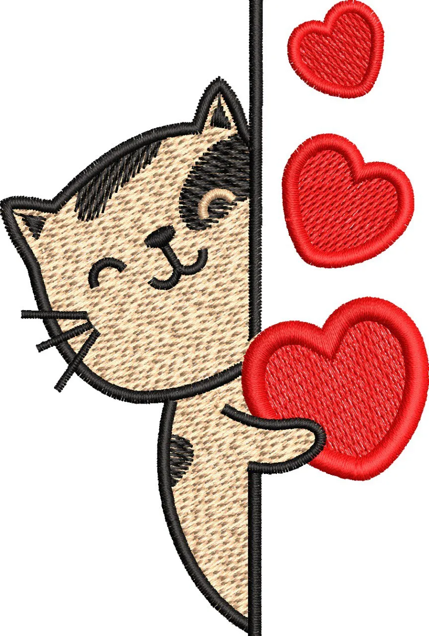  Cute Cat Peeking with Red Hearts  embroidery pattern preview