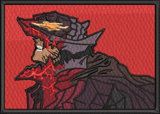  Dark Warrior with Fiery Face Mask on Red Background  embroidery pattern preview