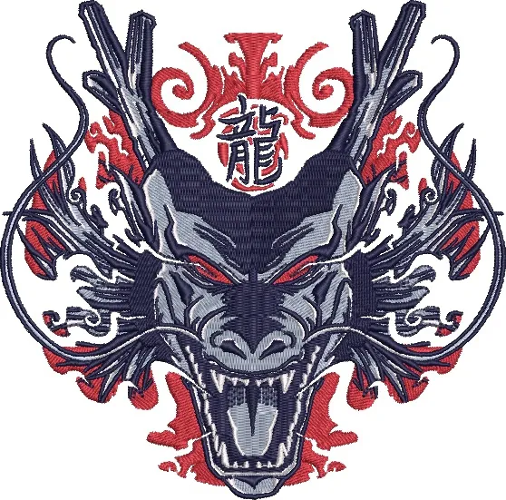  Embroidered Fierce Dragon Head with Red Swirls and Kanji  embroidery pattern preview