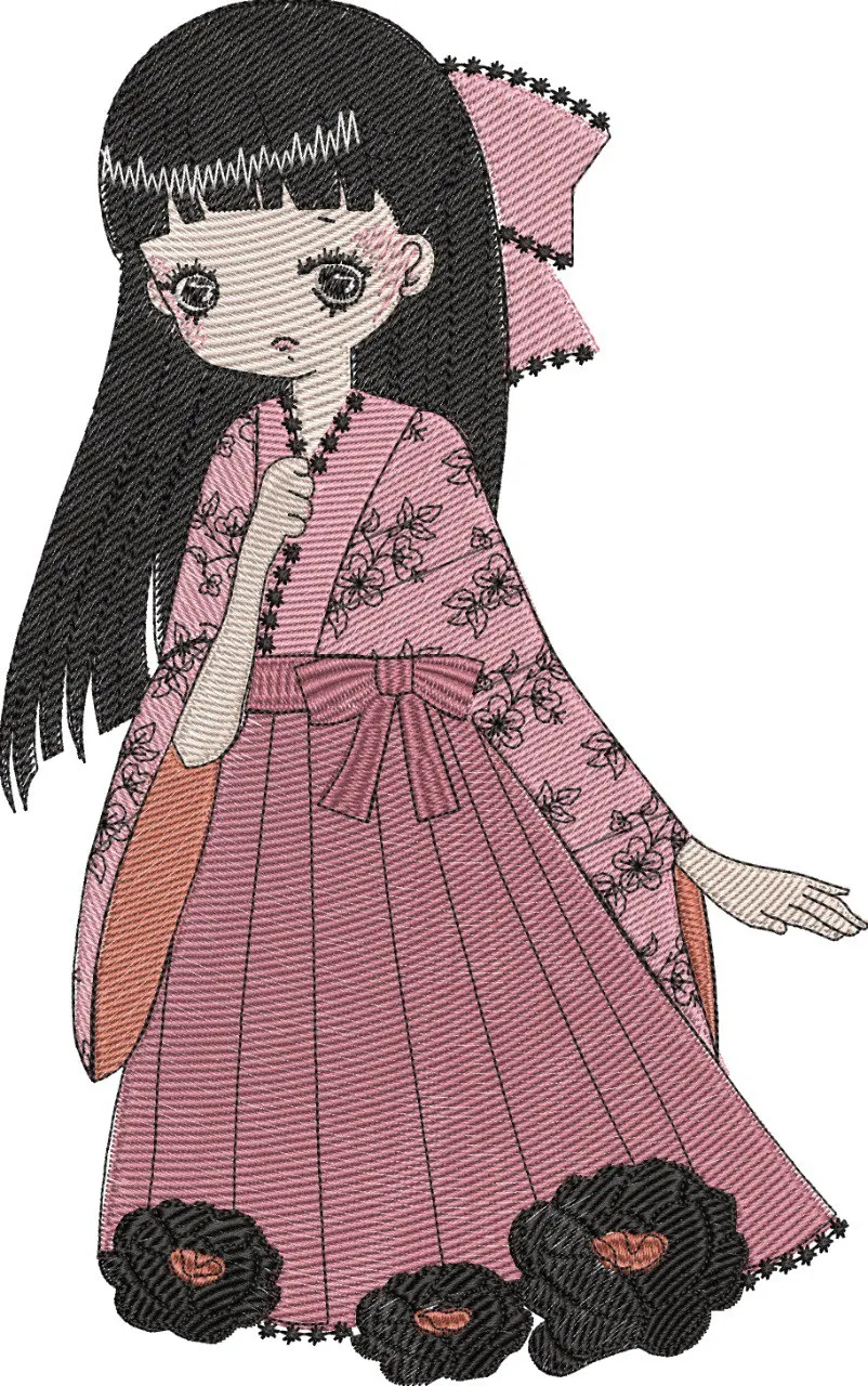 Main preview of  Embroidered Girl in Pink Kimono with Black Flowers 