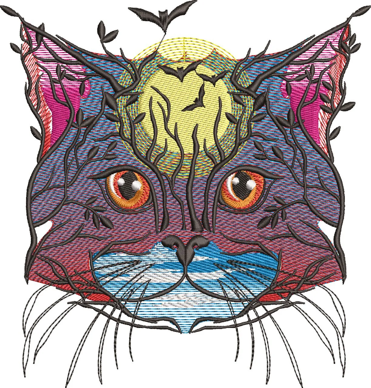  Fantasy Cat with Moon and Tree Branches  embroidery pattern preview