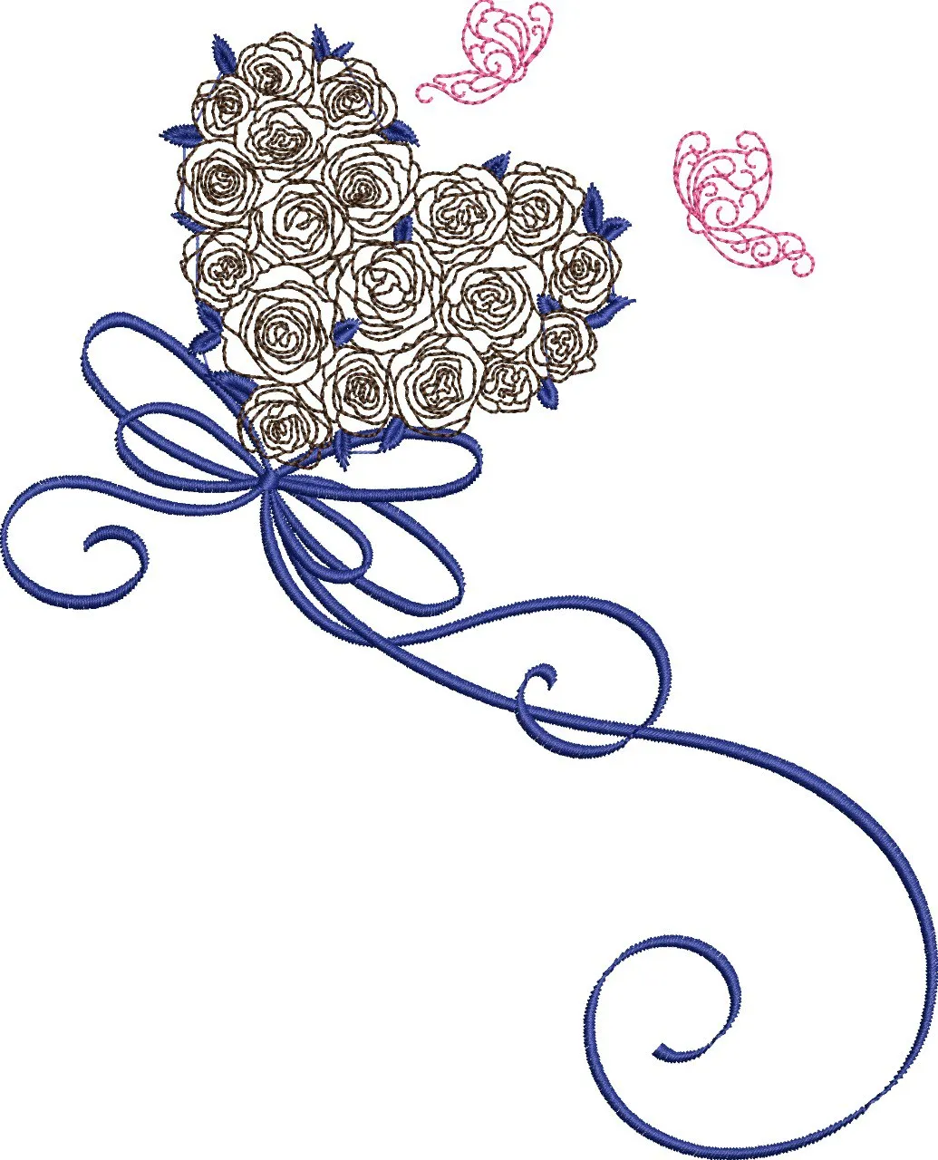  Heart Shaped Rose Bouquet with Blue Ribbon and Pink Butterflies  embroidery pattern preview