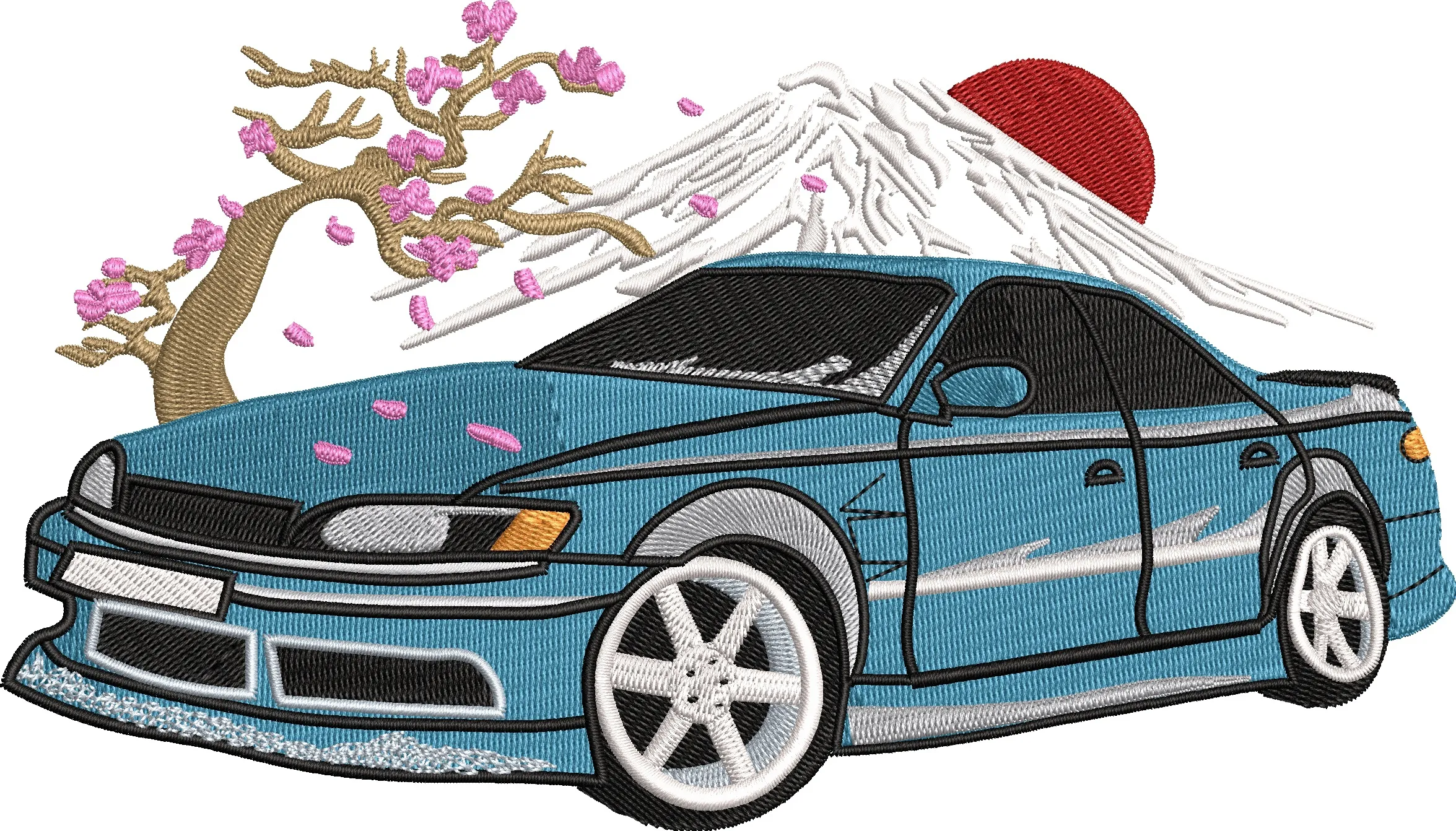  Japanese Drift Car with Sakura and Mount Fuji  embroidery pattern preview
