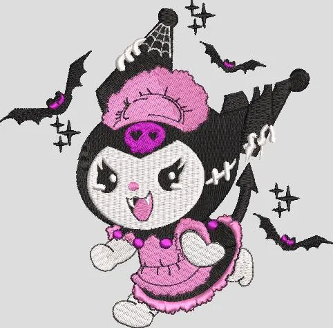  Kuromi in Pink Maid Costume with Halloween Bats  embroidery pattern preview
