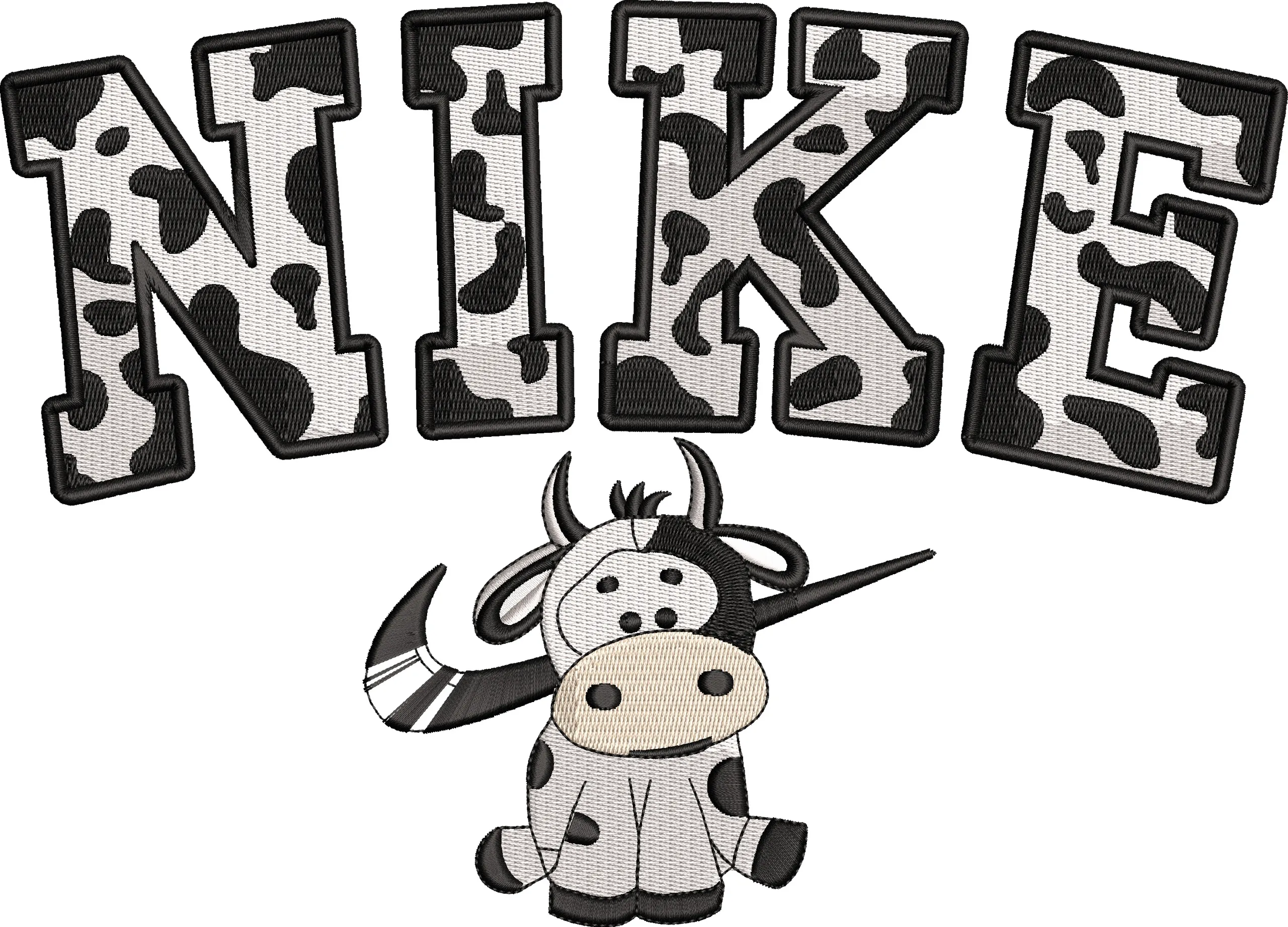  Nike Text with Cow Print and Cute Cow Mascot  embroidery pattern preview