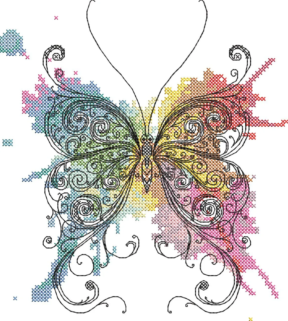  Ornate Butterfly with Colorful Watercolor and Cross Stitch Patterns  embroidery pattern preview