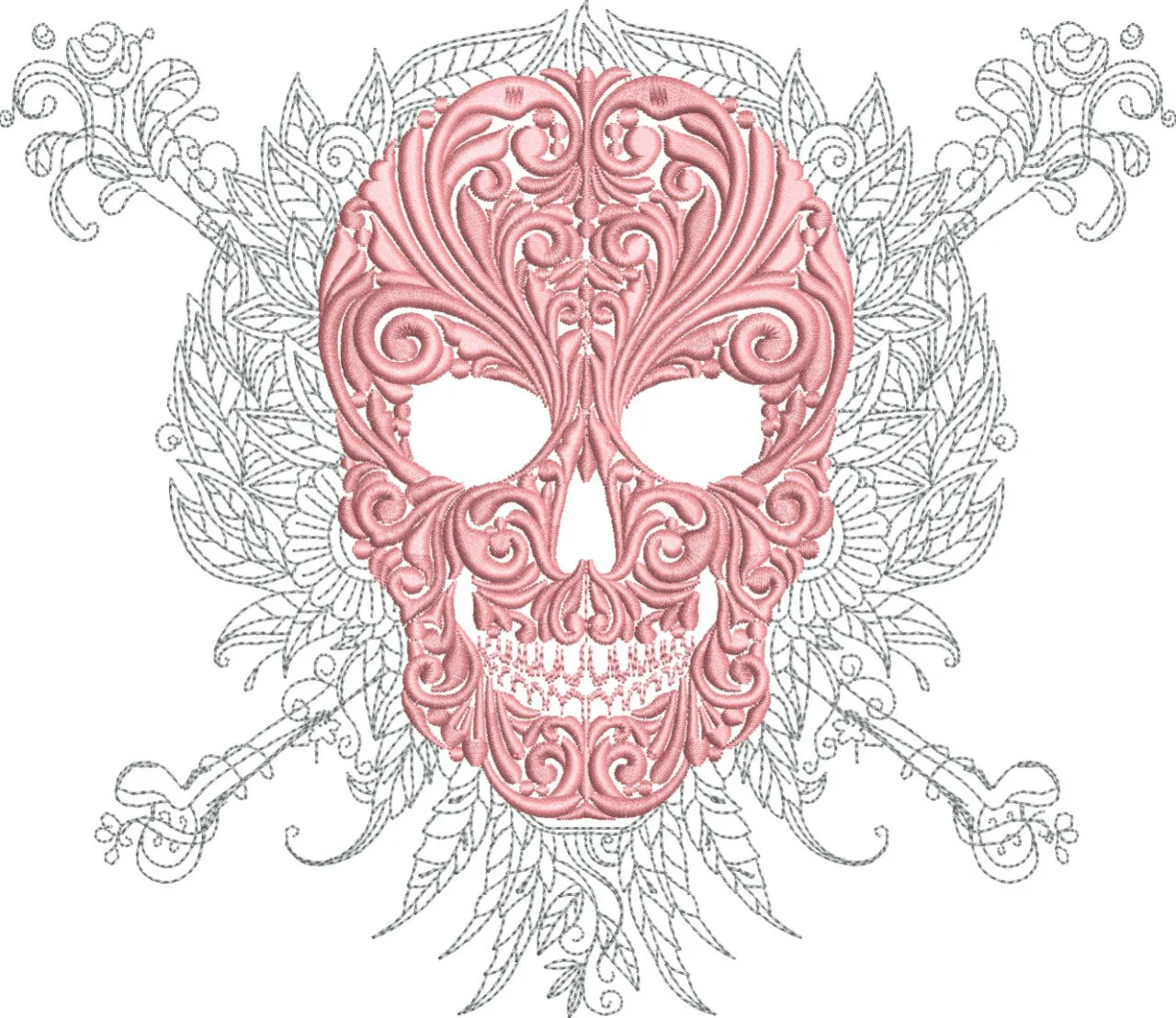  Ornate Pink Skull with Floral Embellishments  embroidery pattern preview
