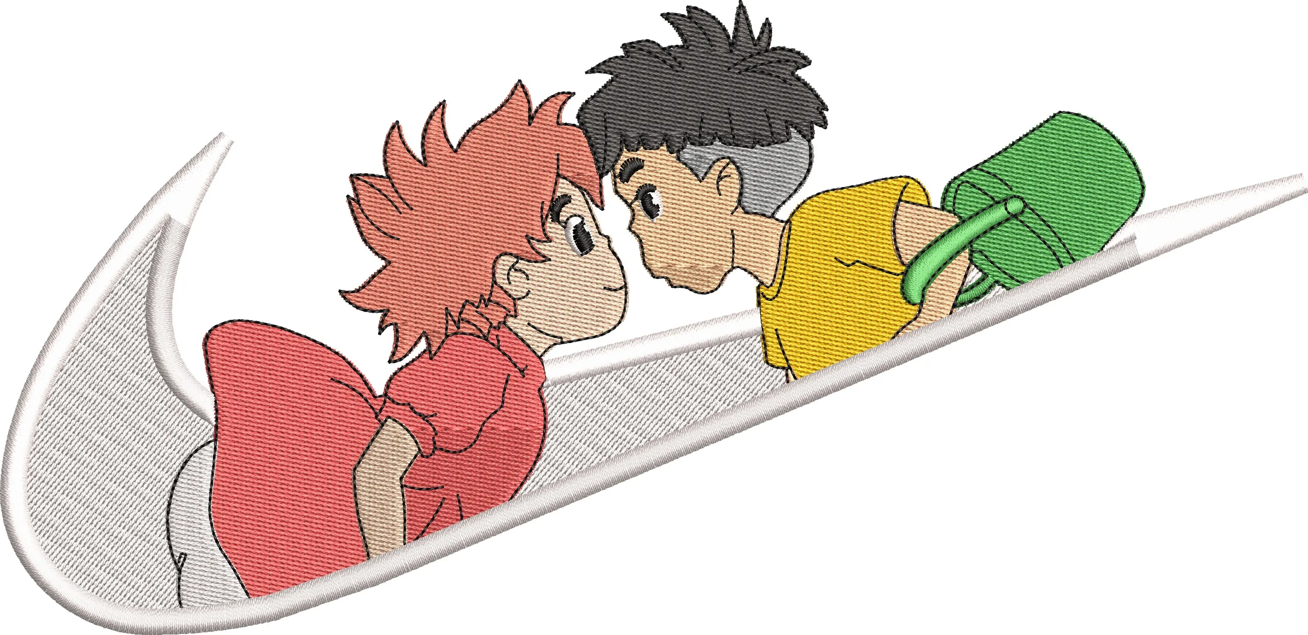  Ponyo and Sosuke in Nike Swoosh  embroidery pattern preview