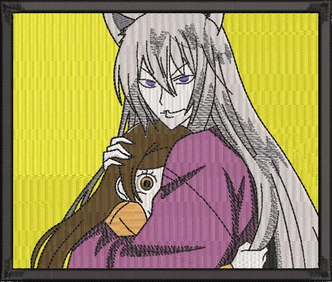  Silver Haired Fox Spirit Hugging Girl Yellow Background  embroidery pattern preview