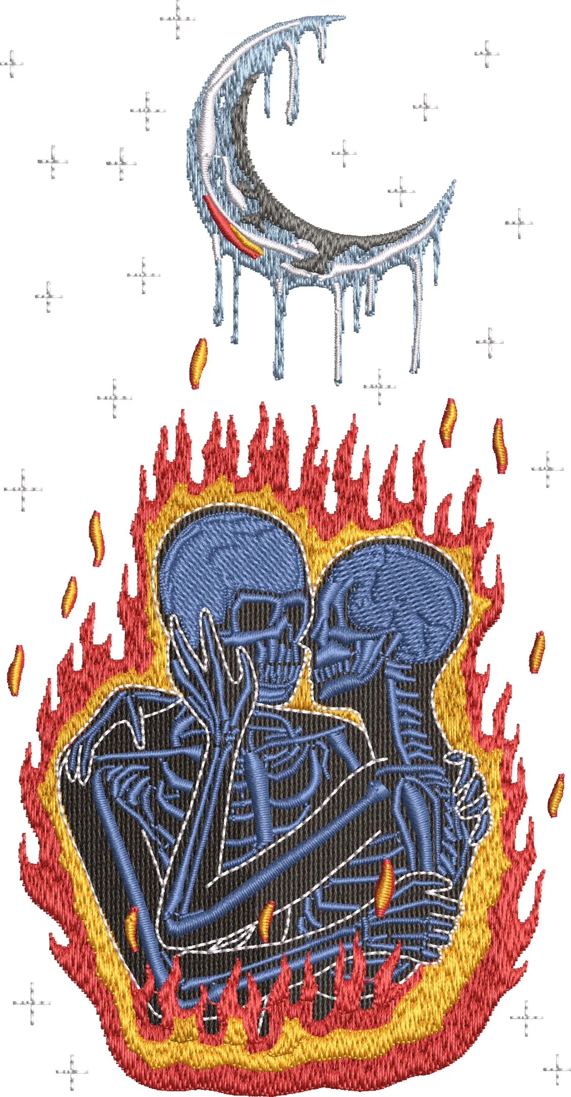  Skeleton Couple Embracing in Flames Under Melting Crescent Moon  embroidery pattern preview