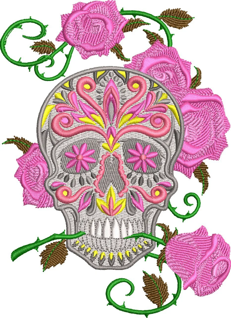  Sugar Skull with Pink Roses Embroidery  embroidery pattern preview