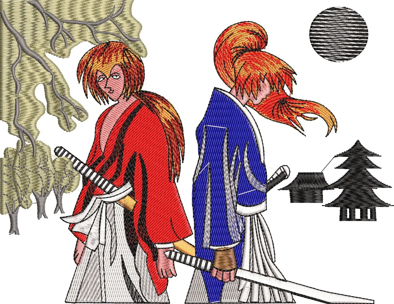  Two Samurai Warriors Back to Back Embroidery  embroidery pattern preview