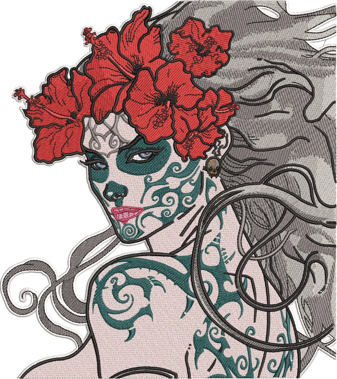  Woman with Red Hibiscus Tattoo and Floral Crown  embroidery pattern preview